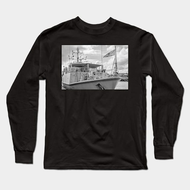 Front end of Navy war ship moored in Great Yarmouth docks Long Sleeve T-Shirt by yackers1